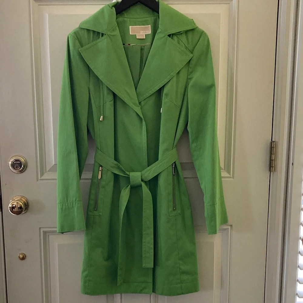 Michael Kors Trench Coat/Snap Front/Tie Belt/Detachable Hood/Green/Large/NEW! - Picture 1 of 7